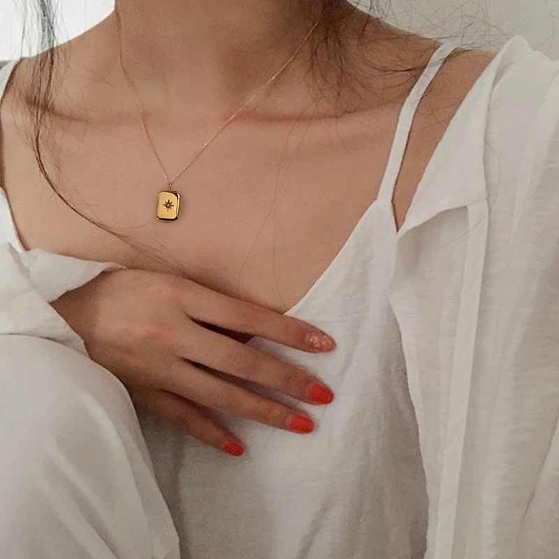 

Dainty Jewelry Stainless Steel Gold Plated Starburst Rectangle Pendant Necklace for Women