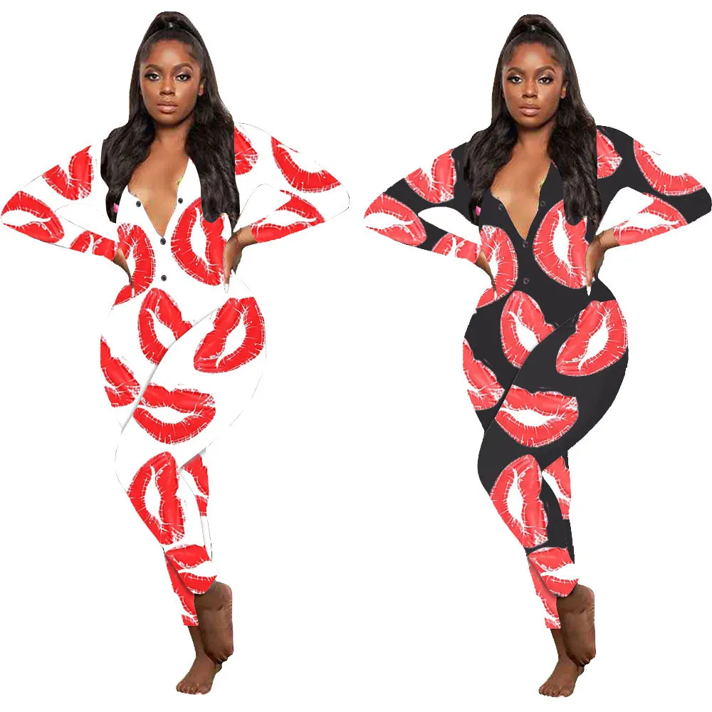 

21020-MX45 casual home lip printed one piece jumpsuit women sehe fashion