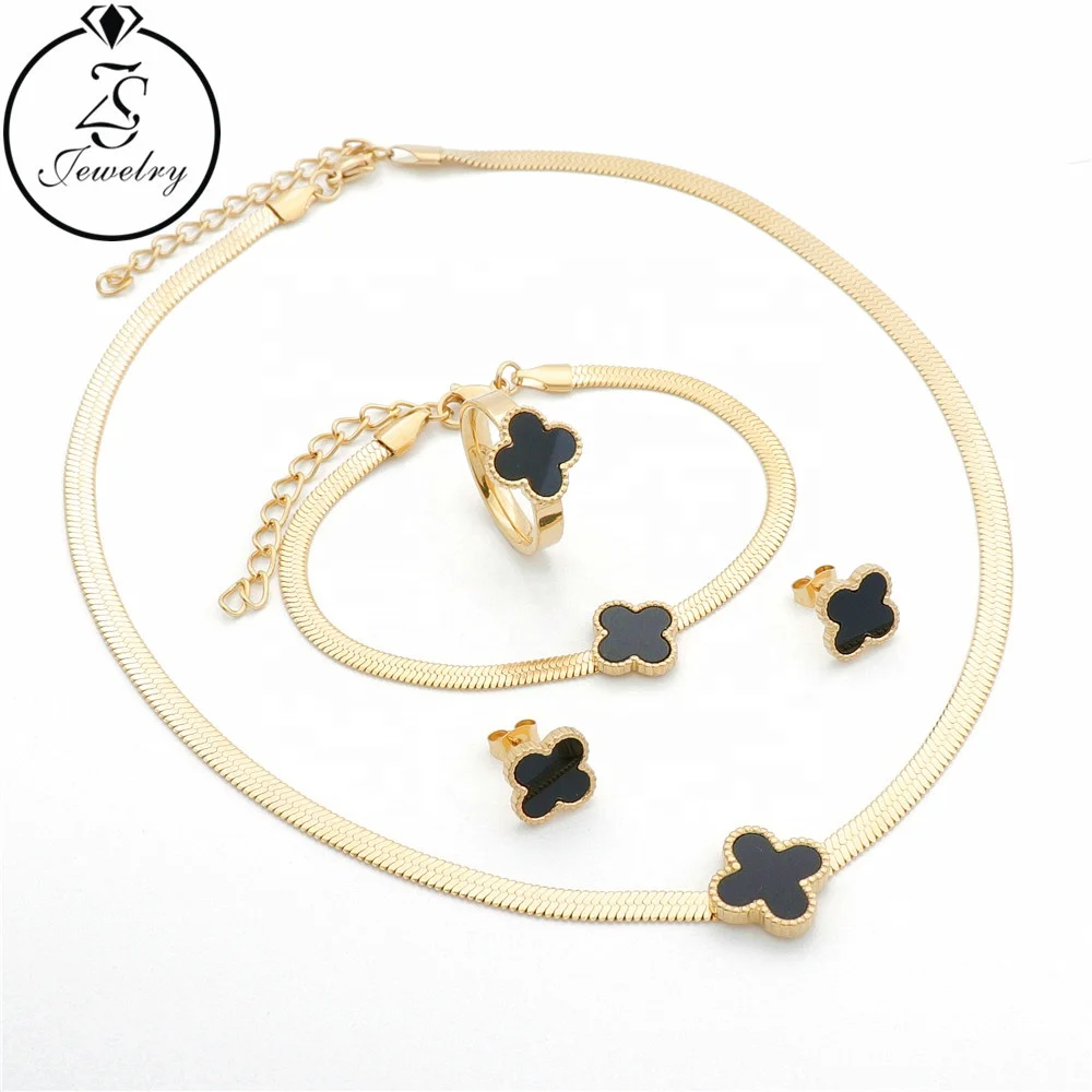 

Four Leaf Clover Gold Set Women Stainless Steel Set Jewerly Necklace With Earrings Bracelet Gold Plated Ring
