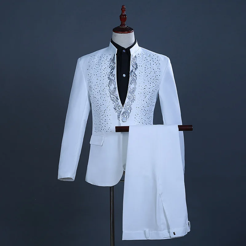 

Plus Size Black White and Red Stand Collar Men Evening Suits 2Pcs Groomsman Blazers with Pant Stage Host Costume