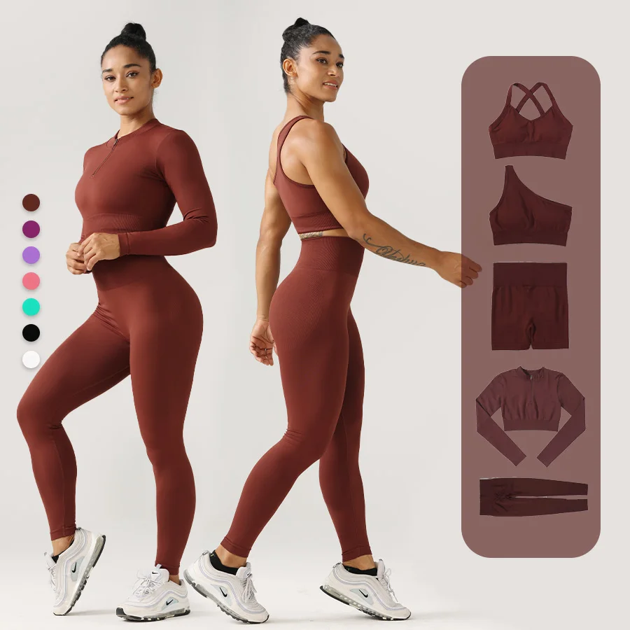 Wholesale 2023 Knitted Workout Clothing 5 Pcs Yoga Suit Activewear Fitness Seamless Zipper Yoga Wear Sets