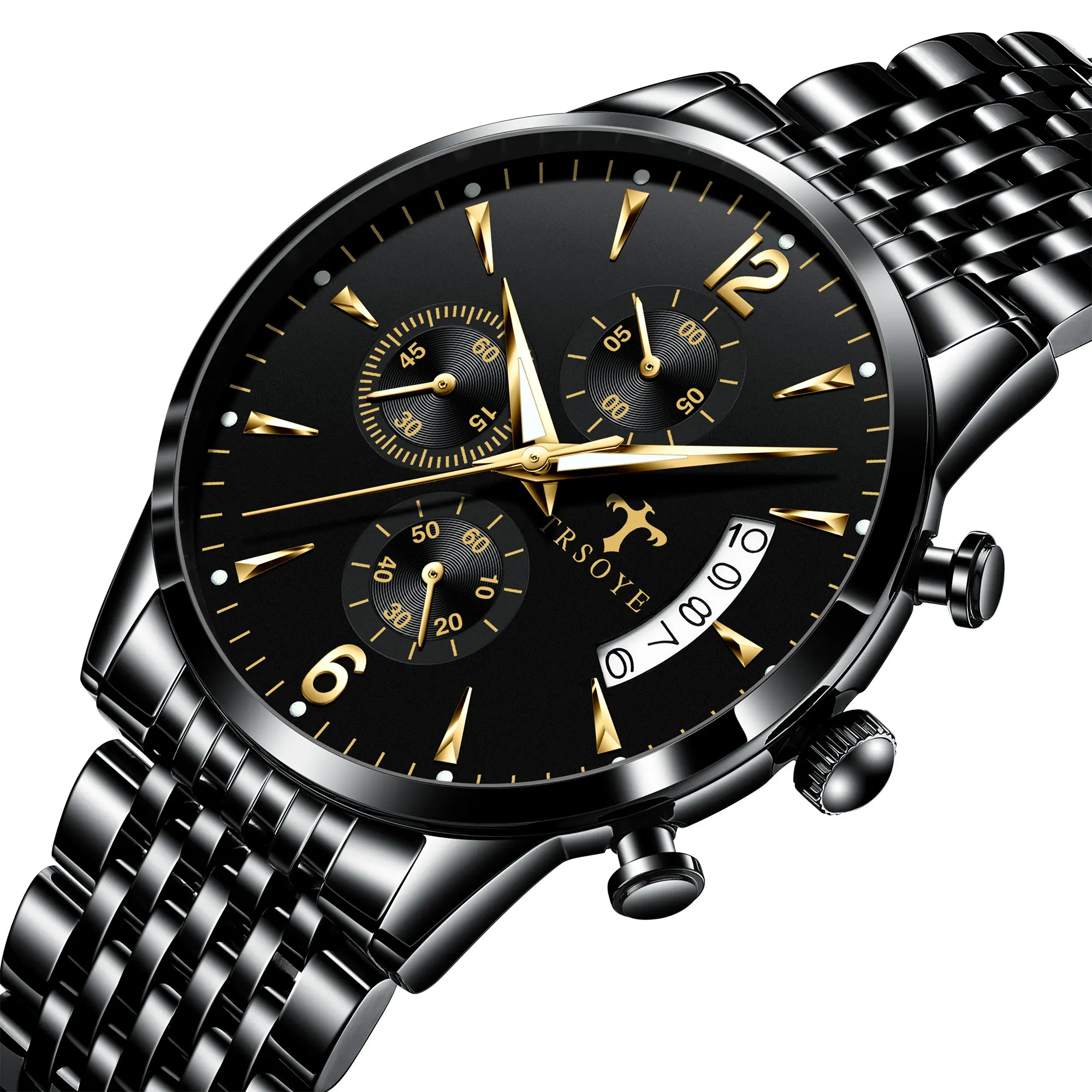 

TRS618 TRSOYE Factory Supply New Fashion Stainless Steel Luxury Automatic Chronograph Quartz Men Wrist Watch band for Wholesale, Black