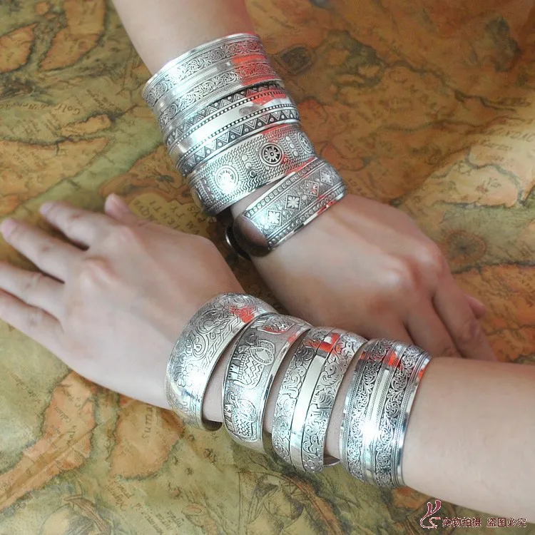 

Vintage minority ethnic ornaments tibetan miao cuff wide bohemian carved silver chunky bracelet bangle charm
