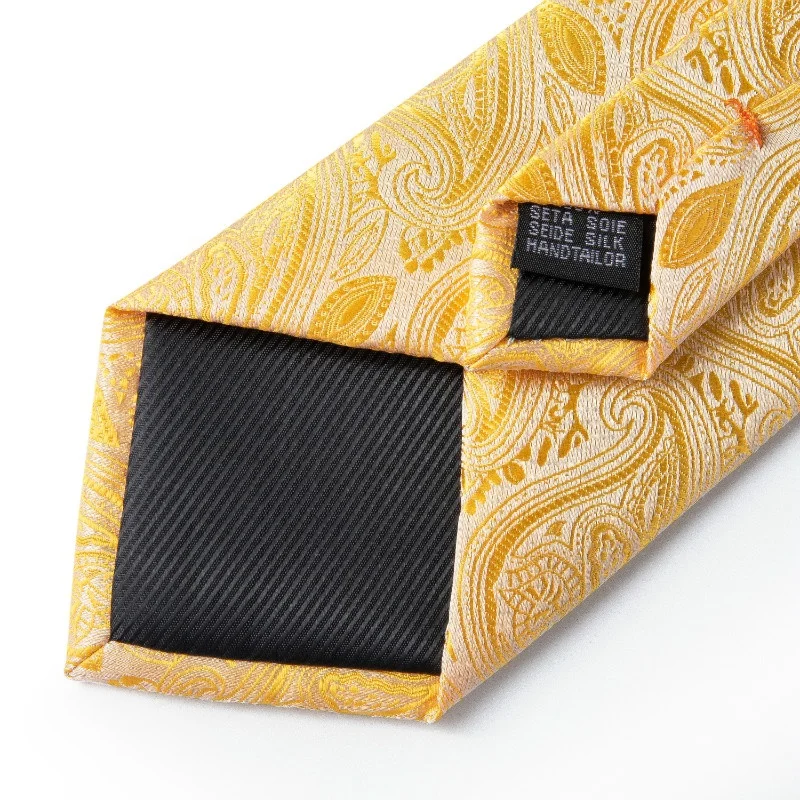 
Custom Italian Silk Men Yellow Paisley Ties and Pocket Square 