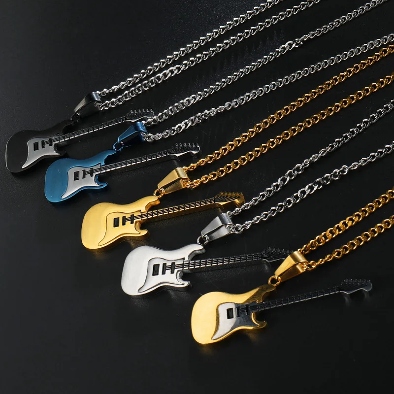 

5 Colors Rap Hip Hops Stainless Steel Guitar Pendant Necklace Blue Black Gold Music Guitar Necklace For Party Club