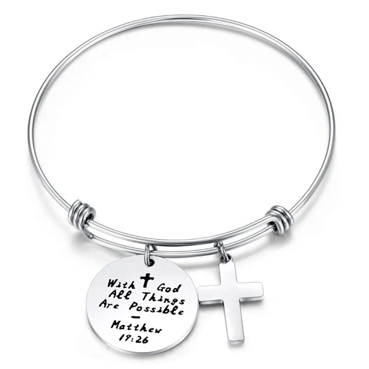 

Handmade Expandable Wire Bible Verse Scripture Bangle Bracelet Religious Faith Religion Stainless Steel Cross Charm Bangle, As picture