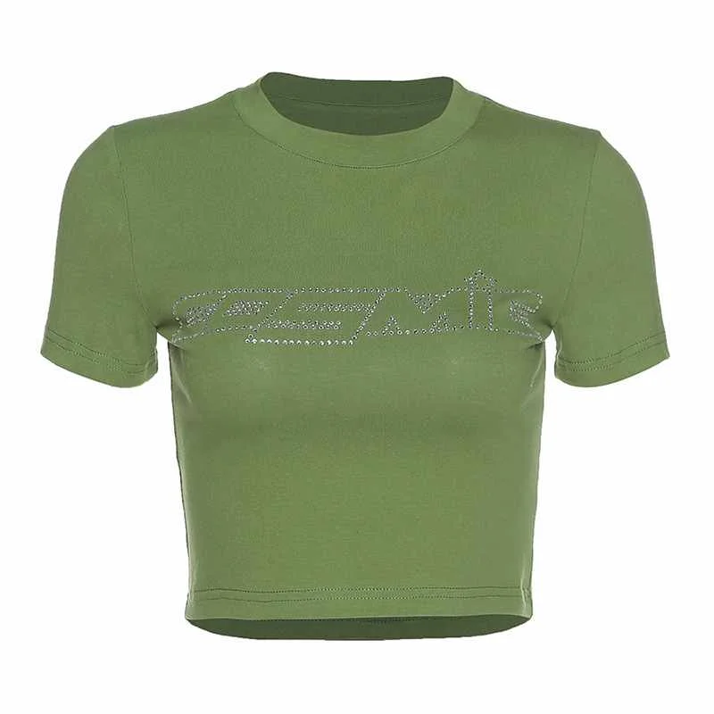 

Fashion New Letter Hot Rhinestone Women's Short-sleeved Slim-fit Ladies Cotton T-shirt, Black/green/purple/white