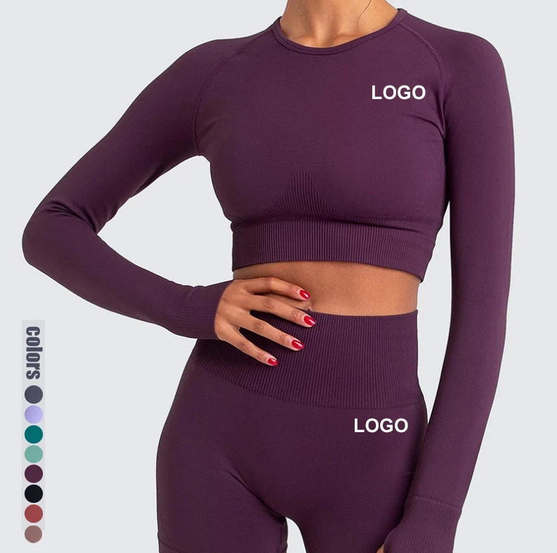 

Hot Gym Fitness Clothing Seamless Yoga Set Long Sleeves Crop Top and Leggings Workout Set Activewear Sets, As shown