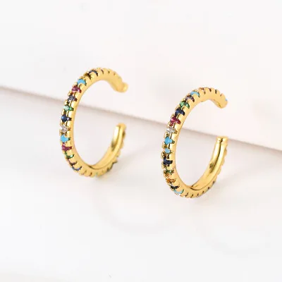 

Fashion Real Gold Plated Rainbow Cubic Zirconia C Shape Earcuff Earrings Colorful CZ Crystal Clip on C Shape Earcuff Earrings