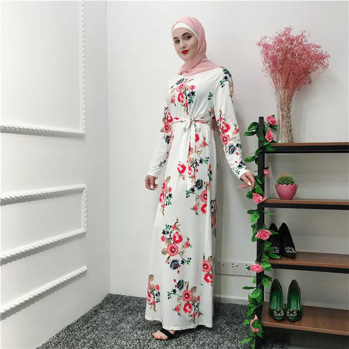 

2019 wholesale fashion design jersey fabric with fancy flora printing muslim abaya dubai, Black,white,lake blue,pink