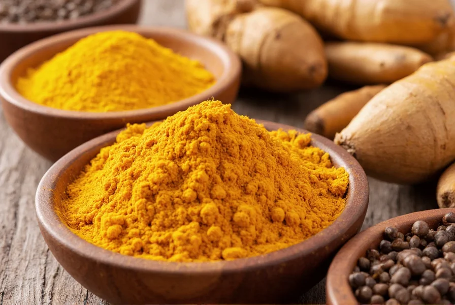 Close-up of fresh turmeric root, golden powder, and black pepper in small bowls demonstrating proper turmeric preparation for maximum absorption