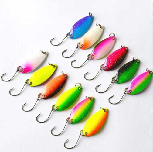 

Factory Price 3.3cm/3g colorful UV fishing spoon metal bait trout lures Single Hook bait, 12