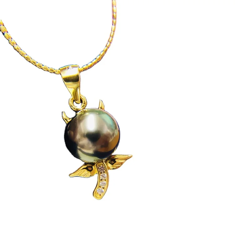 

14K 18K Natural Tahitian Black Pearl necklace 925 sterling silver jewelry the cute devil Necklace jewelry