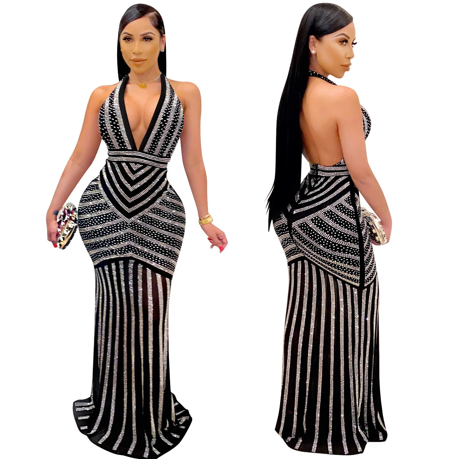 

European And American Fashion Sexy Deep V Backless Nightclub Evening Dress With Hot Diamond Perspective Long Skirt