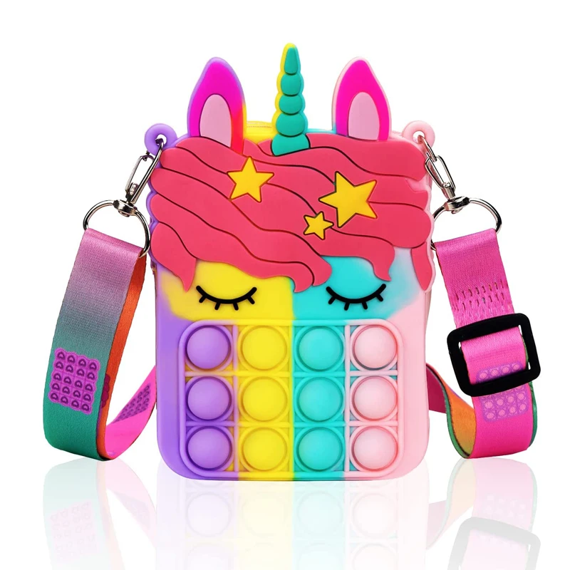 

Girls Mini Fashion Crossbody Shoulder Bag Pop Fidget Toys Rainbow Silicone Unicorn Fidget Purse Bubble Bag for Kids Girls Women, Rainbow or customized