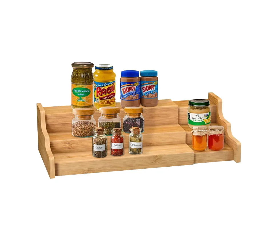 

Kitche OEM expandable wooden holder organizer bamboo 3 tier spice rack for countertop cabinet, Carbonized or customized