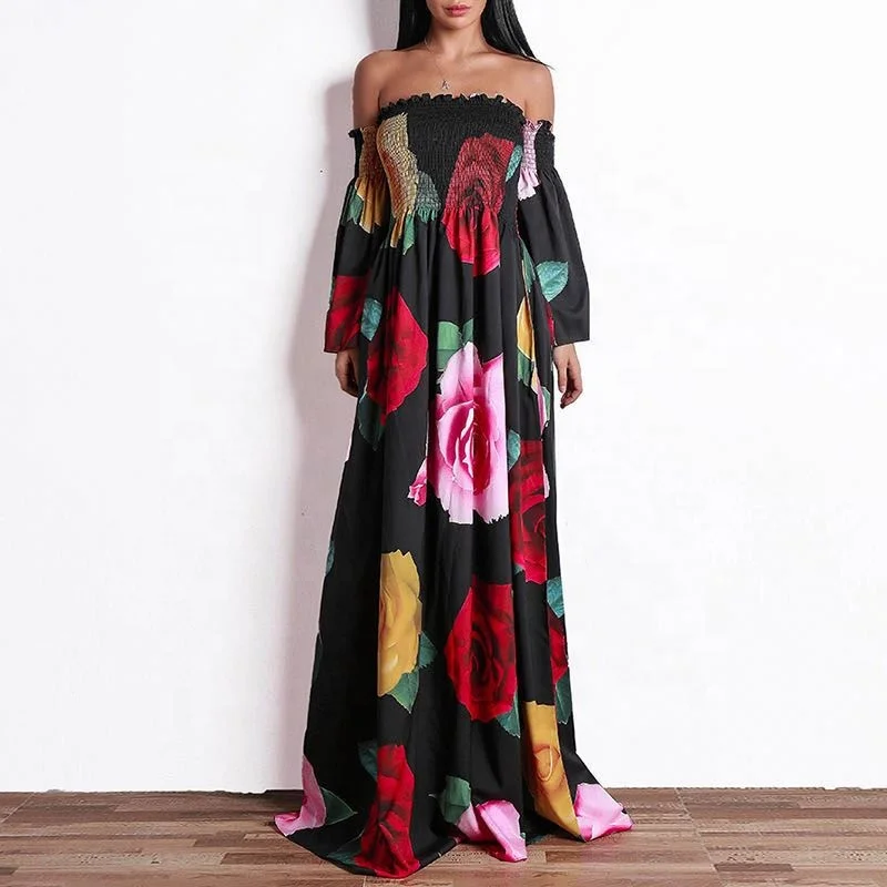 

2020 summer new arrival women floral off shoulder long evening beach wear casual dress, Black white or customized