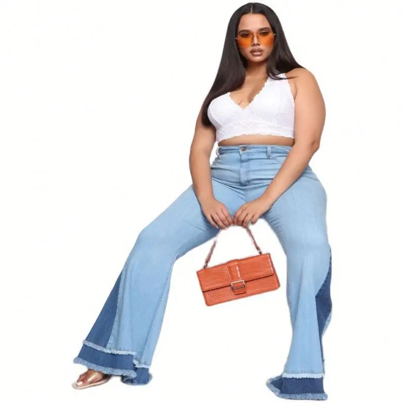 

VOOGUE European and American extra-large fashion stitching jeans women's flared pants, Multi