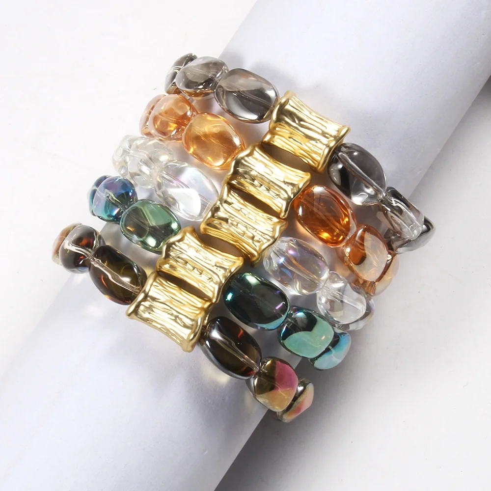 

JH Bohemian Jewelry Big Irregular Multicolor Crystal Glass Elastic Bracelet for Women Gift