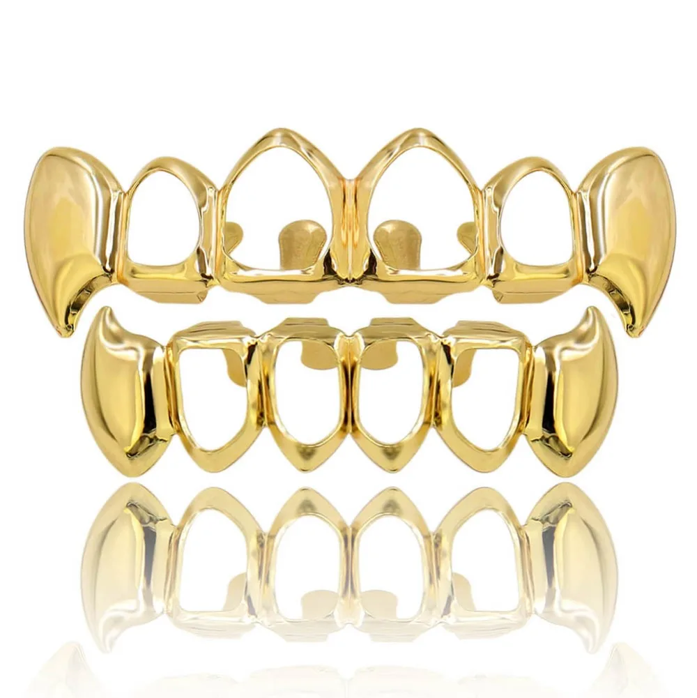 

Gold Color Plated Hip Hop Teeth Grill Top & Bottom Grill Body Jewelry Hollow Vampire Teeth for Gift Halloween Festival