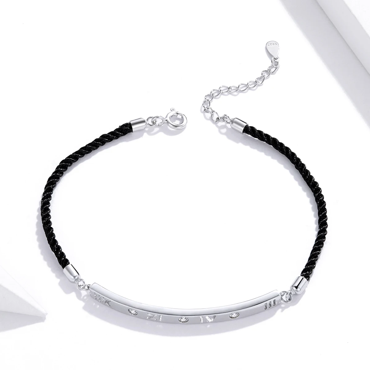 

SCB194 black rope 925 sterling silver Roman numeral bracelet