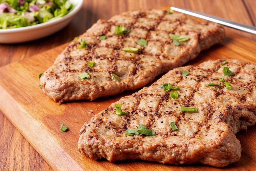 Seasoned pork steak resting on cutting board after cooking