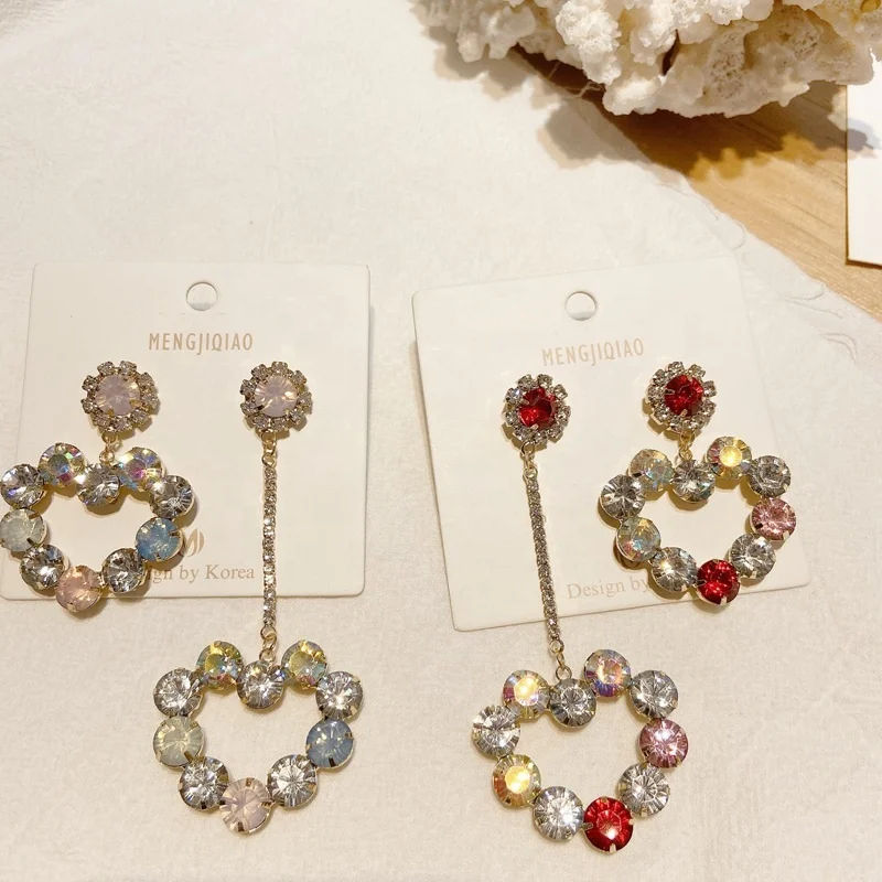 

Korean Fashion Asymmetric Heart Crystal Long Drop Earrings For Women Girls Luxury Lace Brincos Party Jewelry Gifts, As picture shows