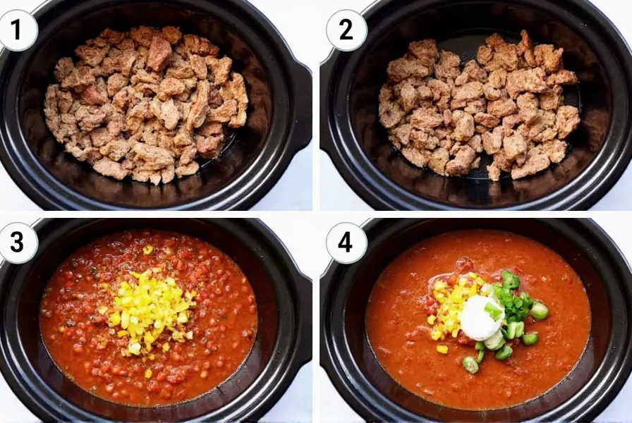 Step-by-step crock pot chili cooking process showing browning meat, adding ingredients to slow cooker, and finished chili with toppings