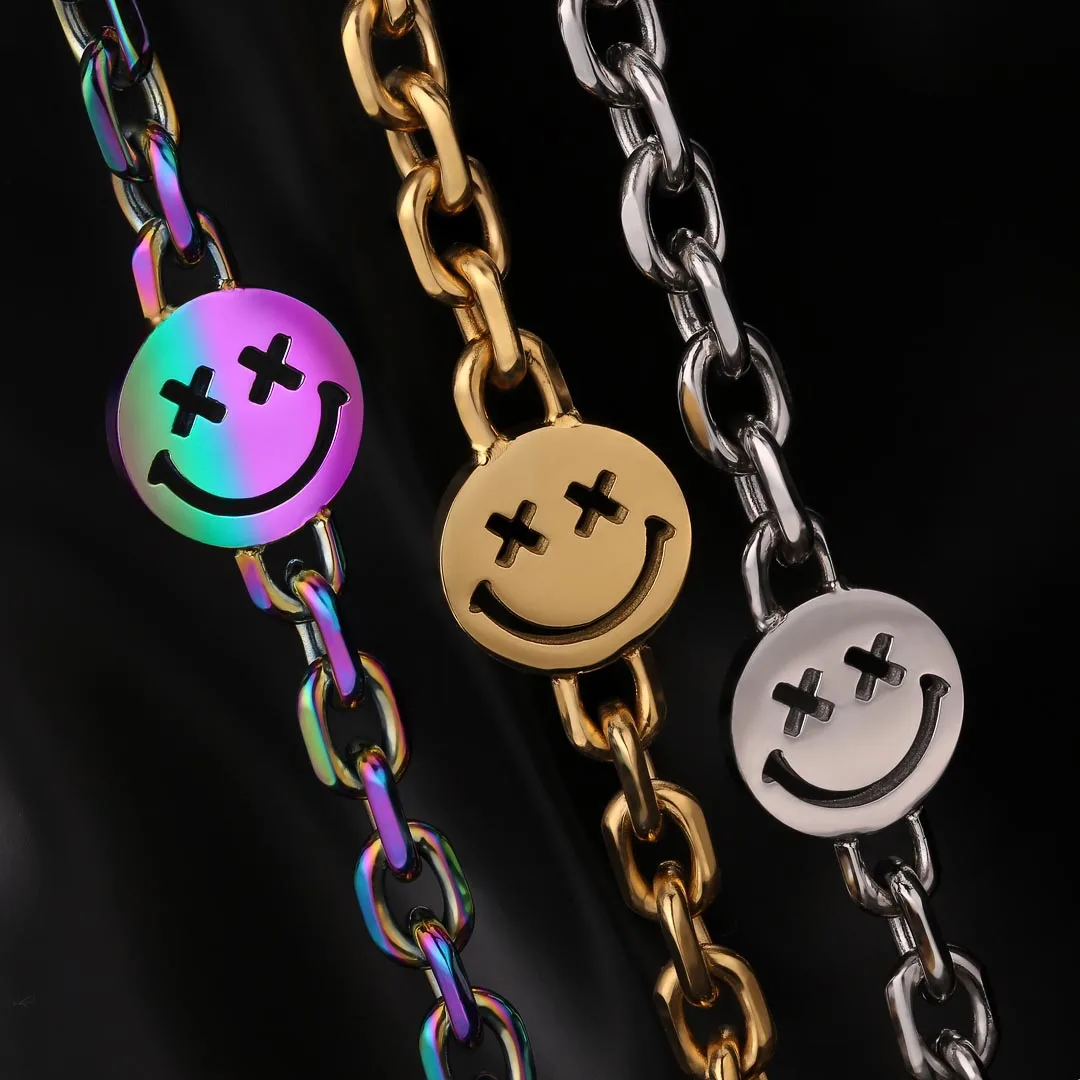 

KRKC 6mm Rainbow White 18K Gold Plated Smiley Stainless steel Cable link Necklace Cable Chain for Men Women