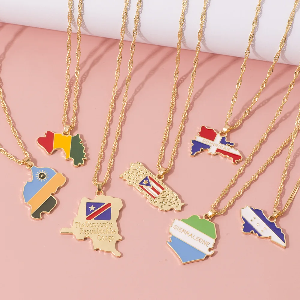 

Hot selling 18k Gold plated Colorful Epoxy Enamel world Country map shape africa puerto pendant necklace, Gold color