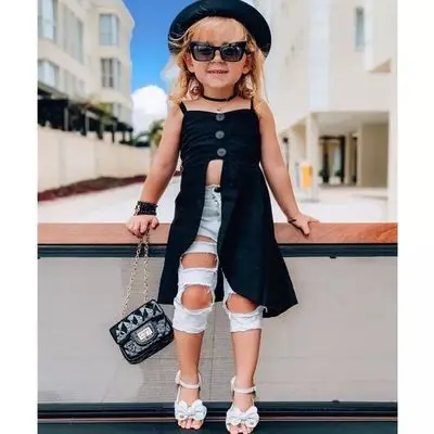 

F40977A European hot sale U-neck sleeveless top high waist +ripped jeans suit kid clothing set baby girls clothing sets, As picture