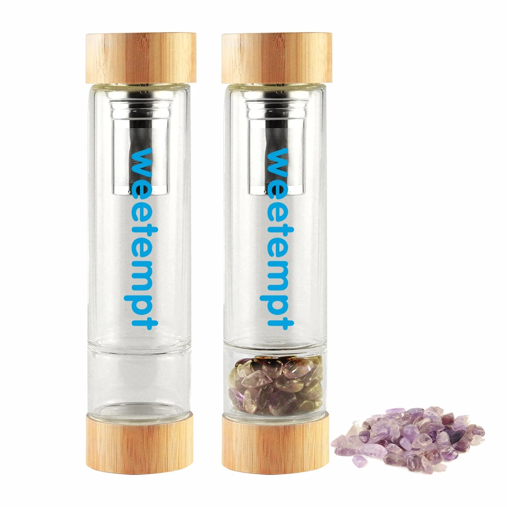 

gem crystal glass bottle tea infuser bottle glass single Wall tea glass Bottle bamboo lid or metal lid custom logo, Customized color