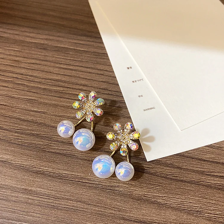 

Vershal A943 Korean Trendy 18k Gold Plated Highlight Pearl Beads Colorful CZ Flower Stud Earrings