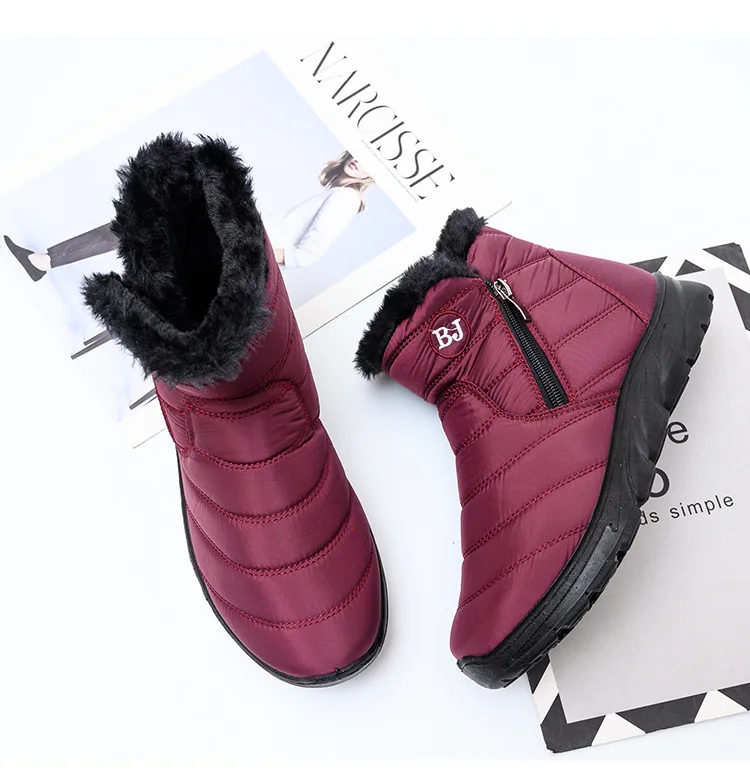 

Fast shipping waterproof nylon quilted booties women female zipper warm rain boots ladies ankle winter fur snow boots for women