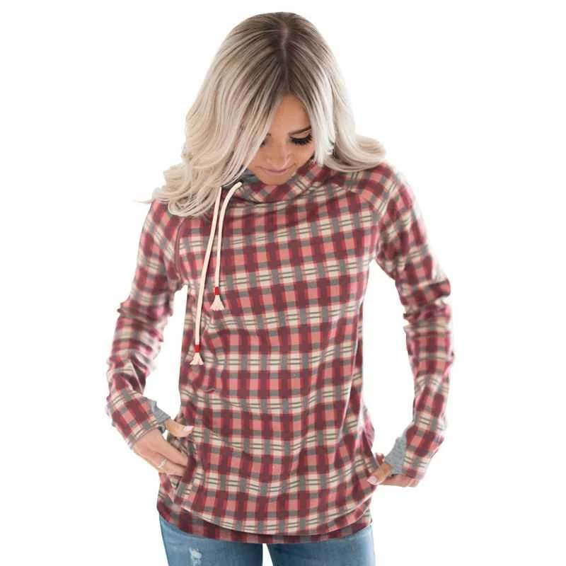 

Winter Cowl Neck Pocket Drawstring Plaid Pullover Hoodie Women