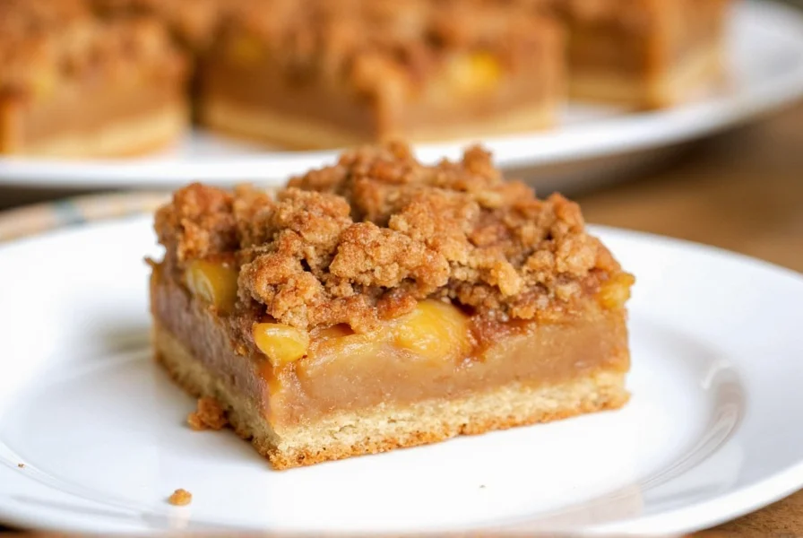 Perfectly baked apple cinnamon bars with golden crust, tender apple filling, and crumbly streusel topping on a white plate