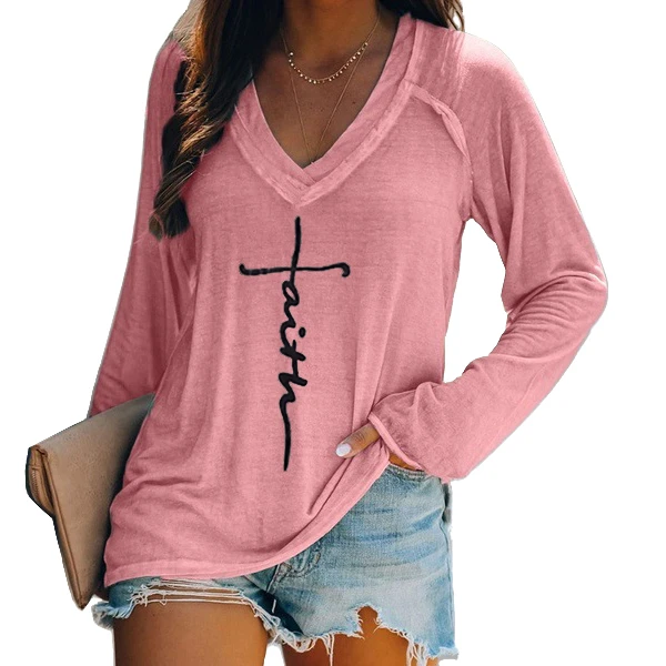 

2021 New Design Print Pullover Long Sleeve Top Casual Ladies Long Sleeve V Neck Loose Casual Faith Shirts