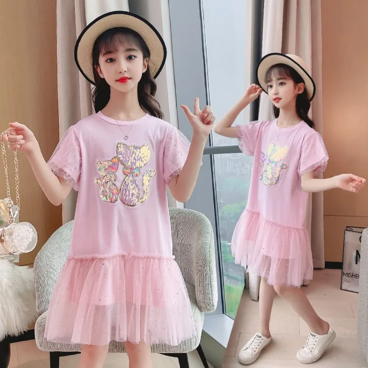 

2021 new design girls dresses sequined cat T-shirt gauze skirt western style children's summer dress girl princess dress