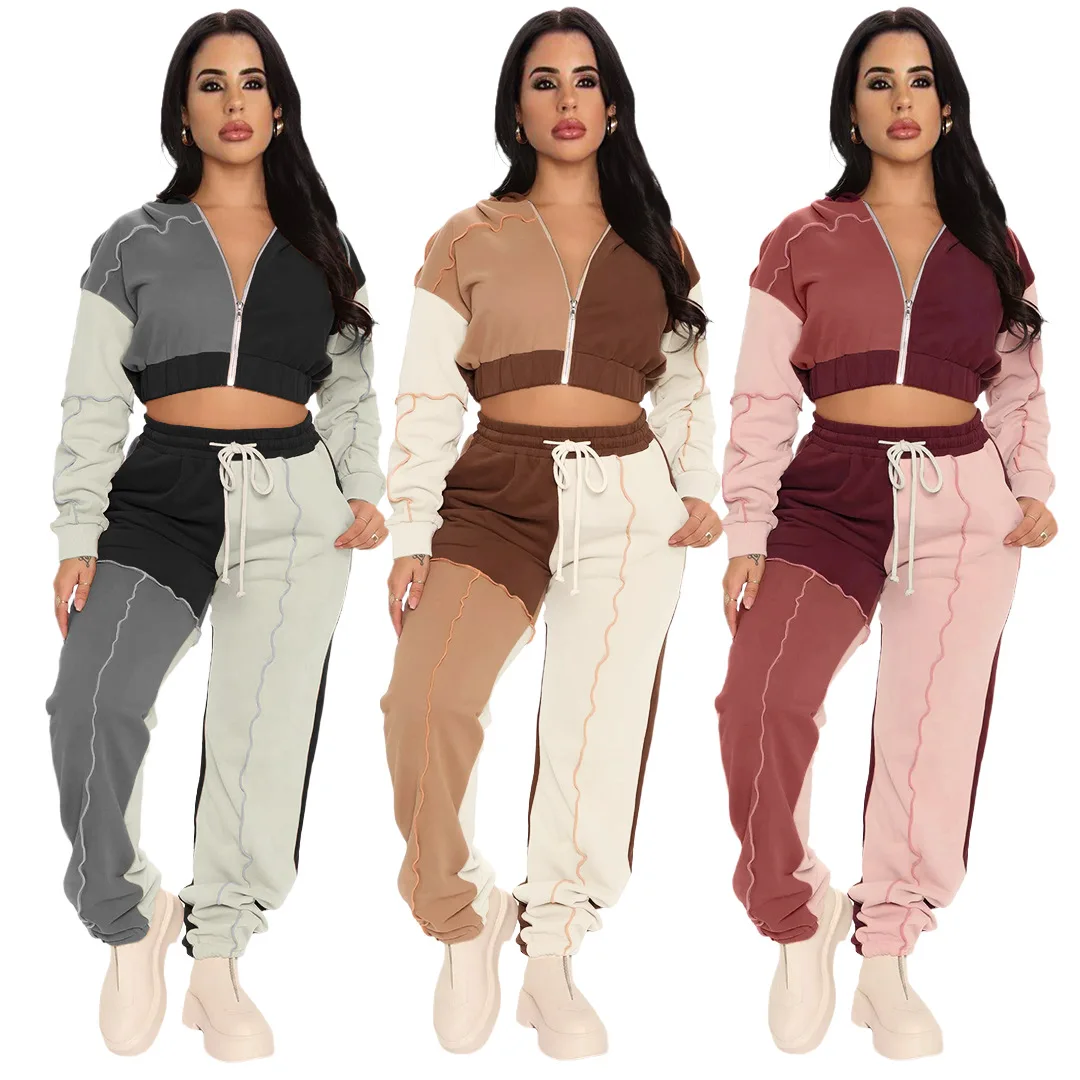 

2021 Fall Women Clothes Thick Warm Zipper Hoodie 2 Piece Set Women Sport Patchwork Jogging Sweatsuit