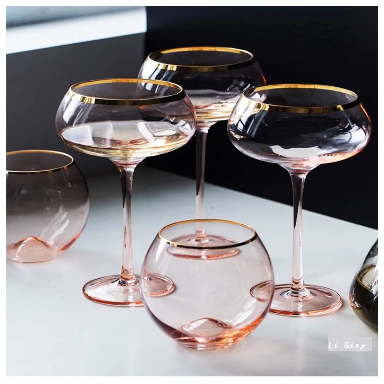 

Pink Lateral Ribbed Champagne Red Wine Ice Cream Crystal Glass Cup Goblet Tumbler Set with Gold Rim