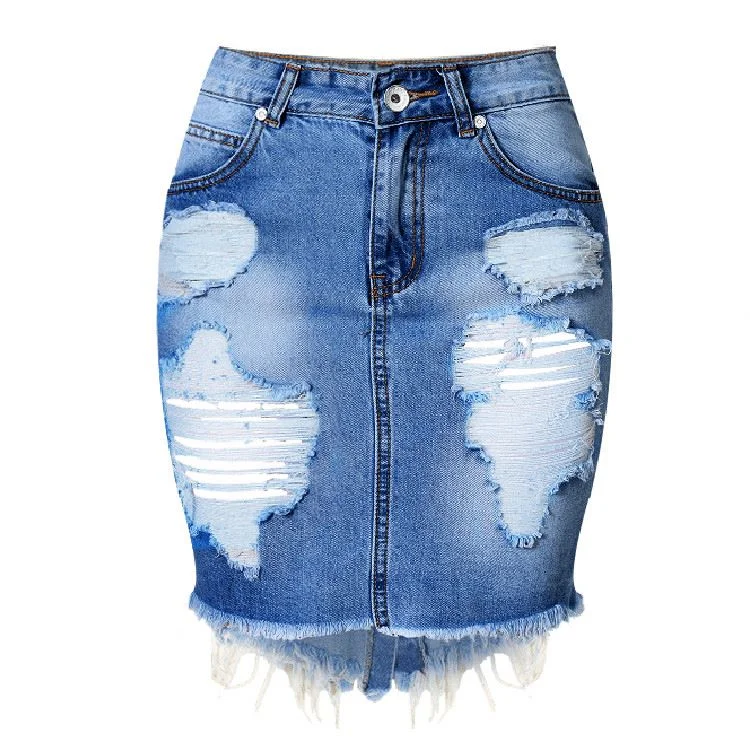 

Fashion Women High waist ripped Jeans Casual Bodycon Club wear Tassel Slit ladies denim skirt