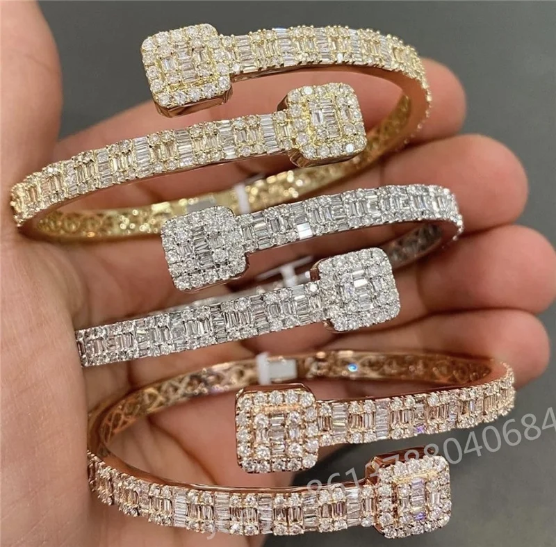 

Trendy Fashion Design S925 Silver Gold Plated VVS Moissanite Diamond Baguette Bangle