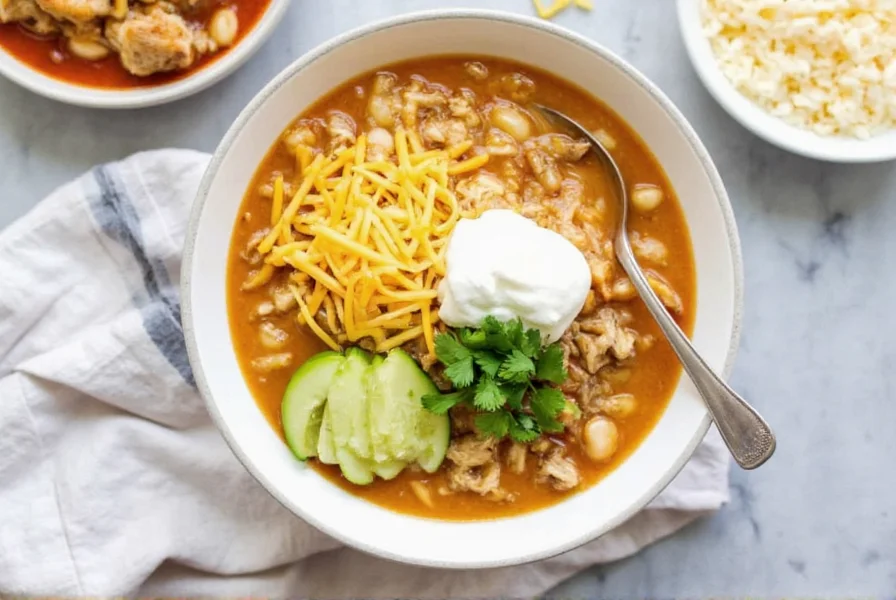 Finished white chicken chili copycat recipe served in bowl with toppings including sour cream, cheese, and cilantro
