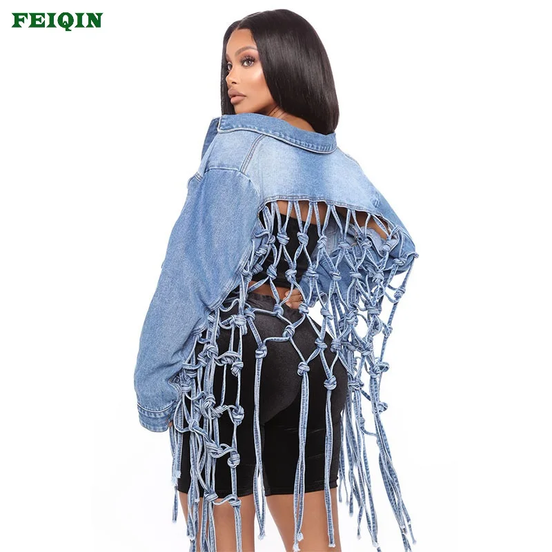 

S-3XLPlus size Fall Women's Jean Jacket Casual cropped Button up Blue Denim Jacket And Coat With Tassels Grid Design