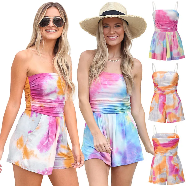 

D96975 2021 summer new knitted Jumpsuit casual tie dyed beach shorts for women ladies'fashion bodysuits