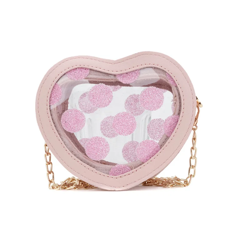 

Hot Sale Children PVC Transparent Chain Sequin Dot Print Heart And Round Shape Clear Jelly Purse Handbag For Kids, As pic