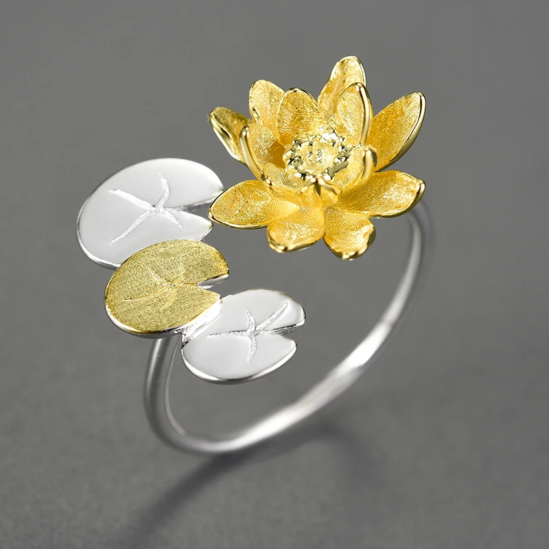 

Trendy Jewelry 2021 Gold Plated Water Lily Flower Adjustable Rings Sterling Silver For Women, As photo