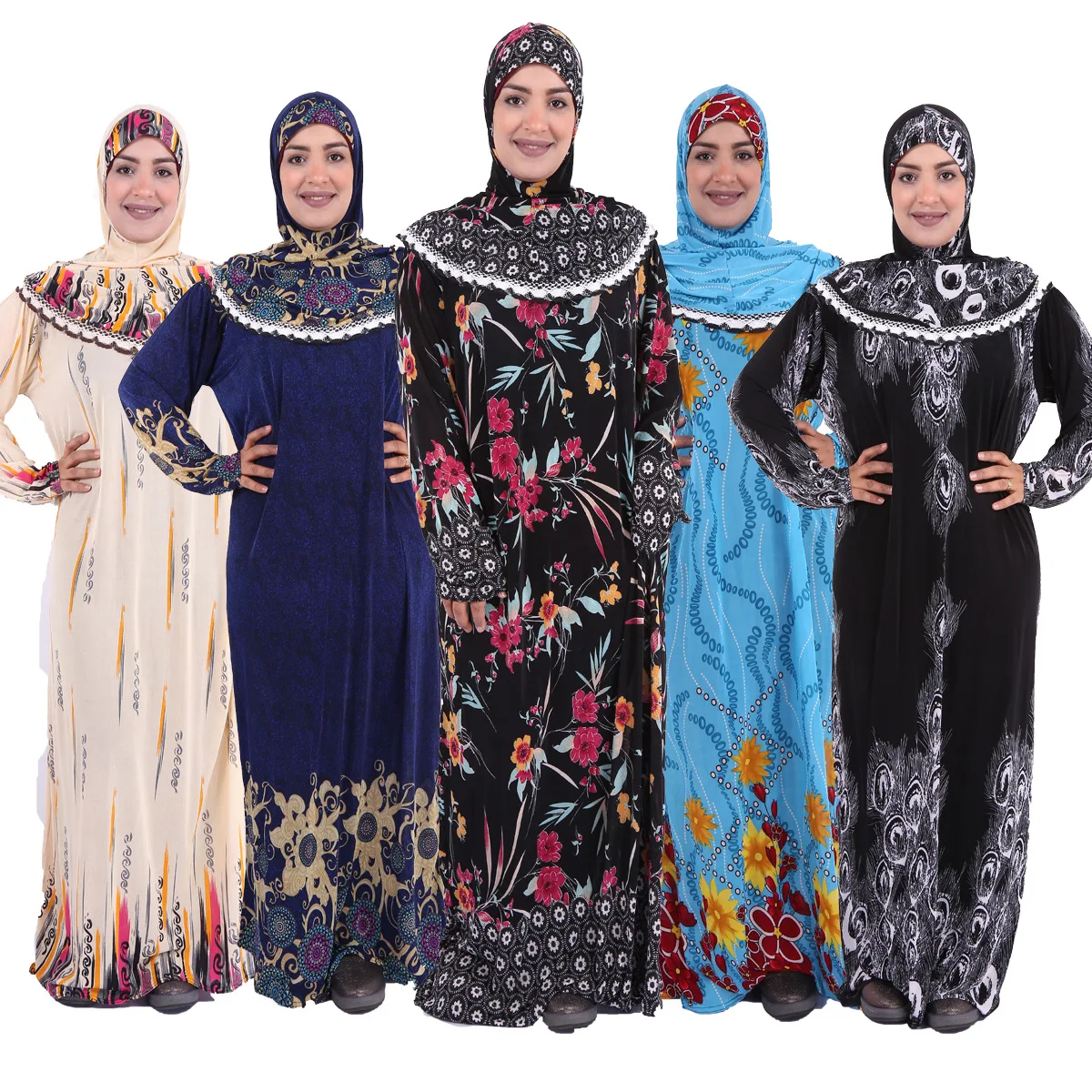 

2021 wholesale hot sale latest ladies islamic prayer lady robe arabic robe turban print long sleeve dress for muslim, Color mixing