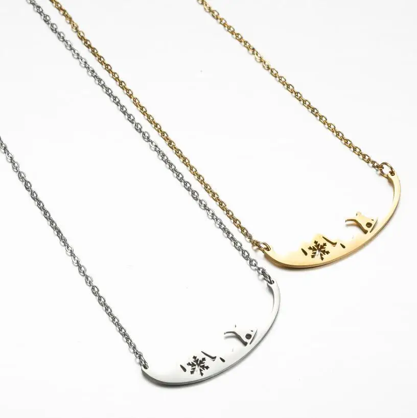 

New Womens Snowboard Necklace Hip Hop Stainless Steel Hollow Snowflake Pendant Clavicle Chain Jewelry, Steel ,gold