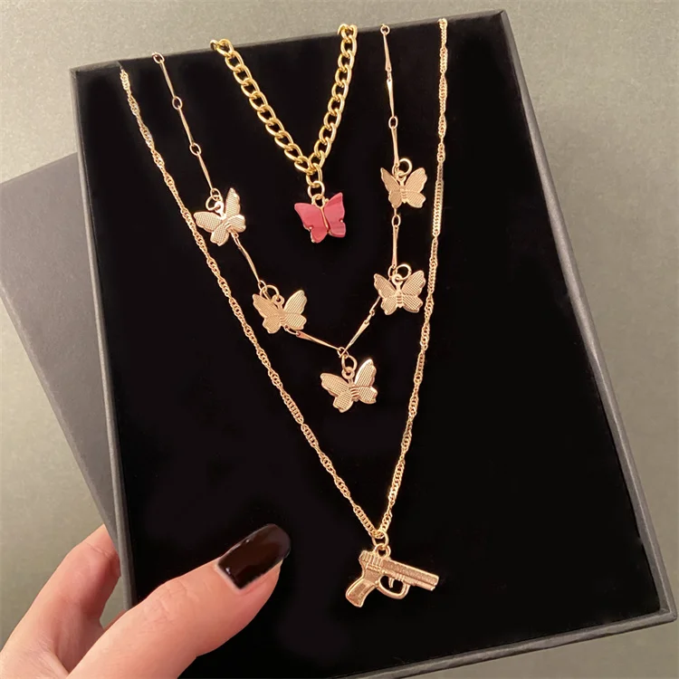 VKME Bohemian Gold Layered Chain Necklace Trendy Butterfly Gun Snake  Locket Pendant Necklace for Women Gifts Jewelry